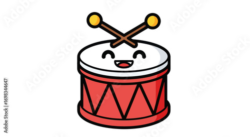 Cartoon Drum with Smiling Face and Crossed Drumsticks.
