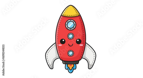 Cute Red Cartoon Rocket Ship with Smiling Face and Portholes.