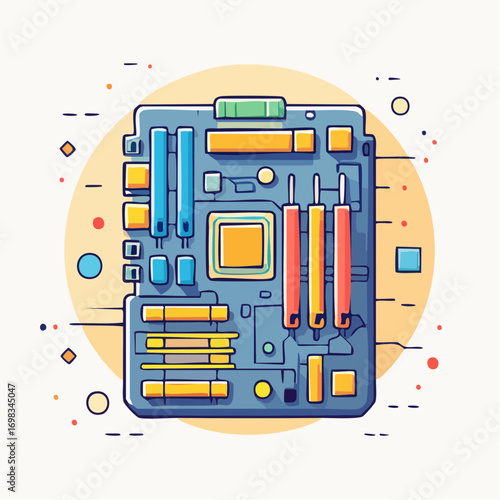 Blue Circuit Board With Orange And Yellow Components On A Beige Background