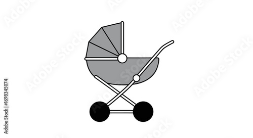 Gray Baby Stroller Icon with Hood and Wheels Side View.