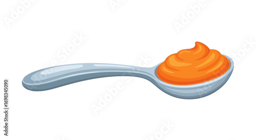 A light blue spoon filled with vibrant orange puree or sauce.