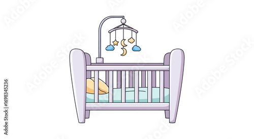 A white wooden baby crib with a colorful mobile.