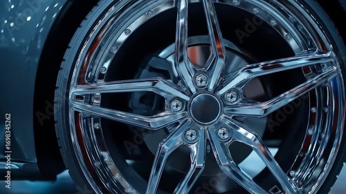 Chrome car wheel with closeup detail.