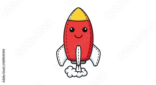Adorable cartoon red rocket ship with a happy face launching into space.