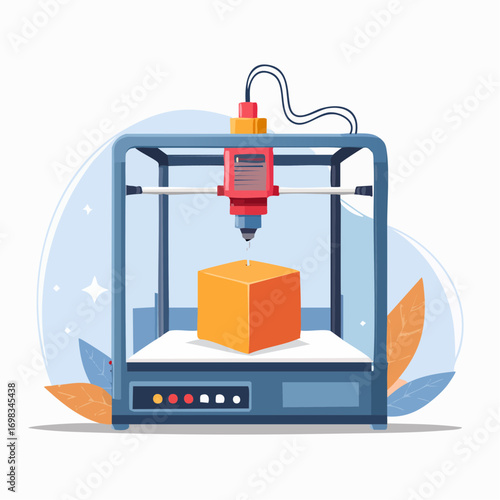 3D Printer Creating A Yellow Cube On White Platform With Blue Frame