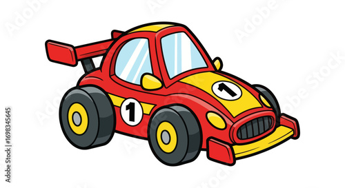 Cartoon Red Race Car with Yellow Accents and Spoiler.