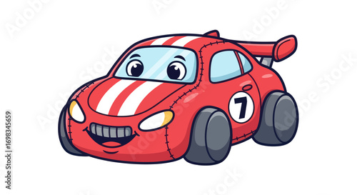 Cute Cartoon Red Race Car with White Stripes and Number 7.