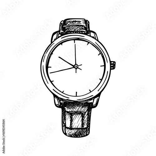 Сlassic wristwatch with a strap. Time management concept. Sketch outline illustration, a drawing in engraving style. Hand-drawn vector line art clipart, isolated