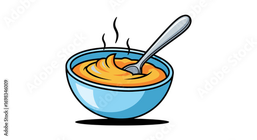 Cartoon illustration of a bowl of hot creamy soup with a spoon.