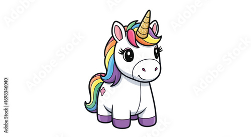 Adorable Cartoon Unicorn with Rainbow Mane and Golden Horn.