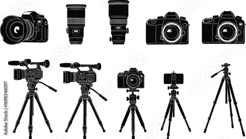 Camera, equipment, icons, DSLR, lenses, tripod, video, camera, smartphone, photography, gear, professional, media, production, black
