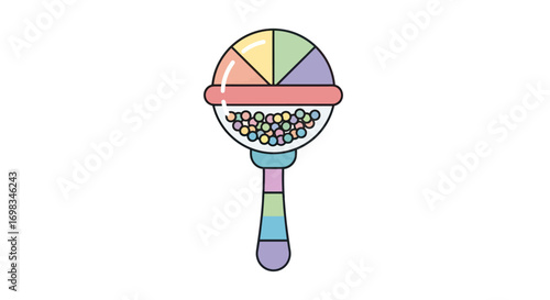 Illustrated pastel rainbow baby rattle toy with beads inside.