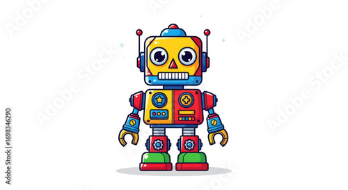 Colorful Cartoon Robot with Antennae and Button Details.