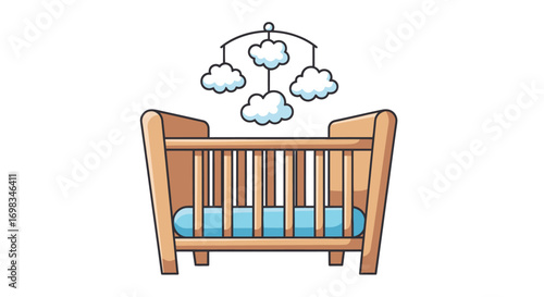 Wooden Baby Crib with Cloud Mobile Nursery Furniture.