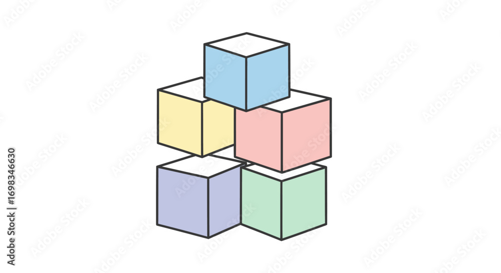 Fototapeta premium Simple line art illustration of five pastel colored cubes stacked in a pyramid shape.