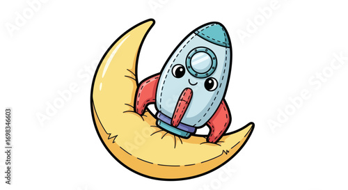 Cute Rocket on a Smiling Crescent Moon.