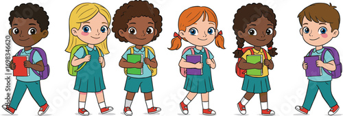 PrintCartoon children in teal school uniforms standing with backpacks and books – diverse students, cheerful classroom scene, educational theme, inclusive learning concept