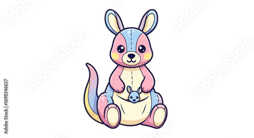 Cute Pastel Cartoon Kangaroo with Baby Joey in Pouch.