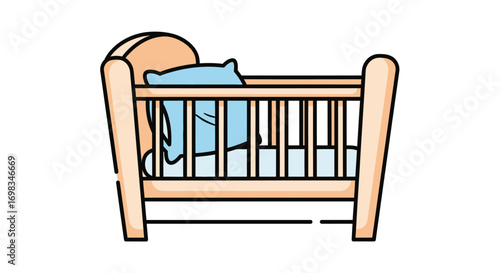 Simple wooden baby crib illustration with vertical slats and a light blue pillow.