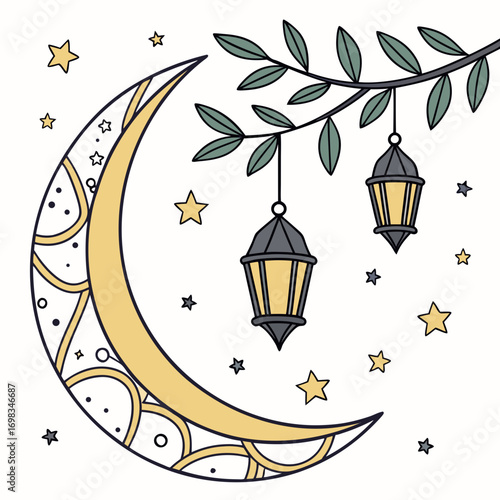 A whimsical crescent moon adorned with intricate patterns hangs in the night sky alongside glowing lanterns suspended from a leafy branch surrounded by twinkling stars