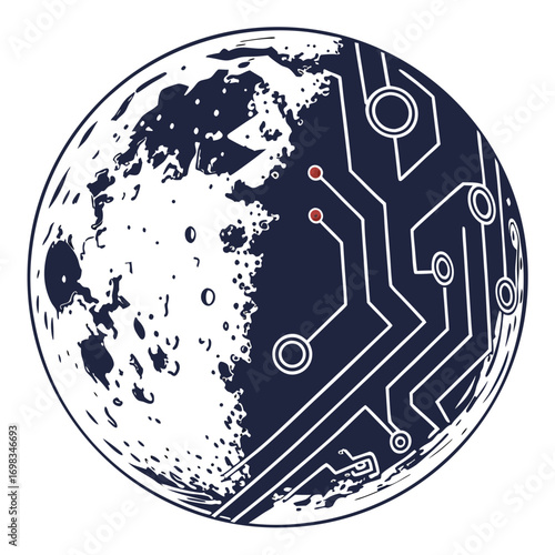 A stylized representation of the moon s surface merging with a digital circuit board symbolizing the intersection of space exploration and technology