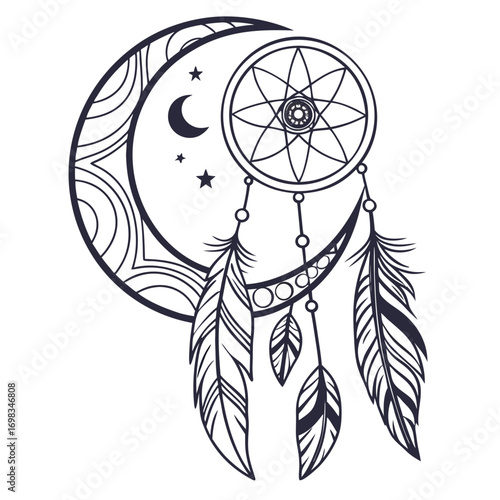 Mystical dreamcatcher adorned with feathers and celestial crescent moon adorned with intricate patterns and stars representing protection and spiritual connection