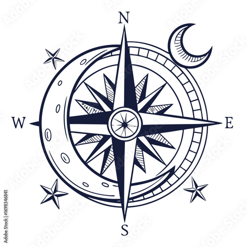 Nautical compass rose with celestial elements including a crescent moon and stars symbolizing direction and exploration on a white background