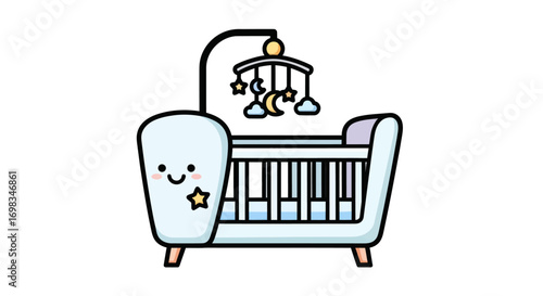 Cute Cartoon Baby Crib with Mobile.