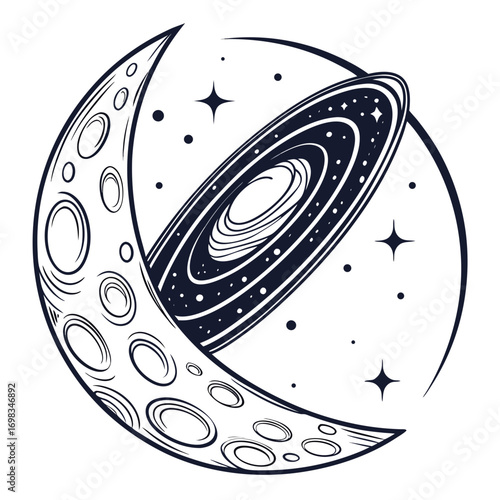 Stylized crescent moon with craters and a ringed planet or galaxy in the background surrounded by stars and cosmic elements in a minimalist line art style