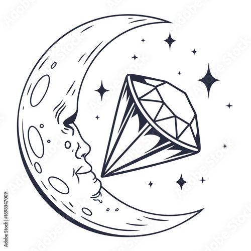 A stylized crescent moon with a face gazes at a sparkling diamond surrounded by twinkling stars in a whimsical celestial scene