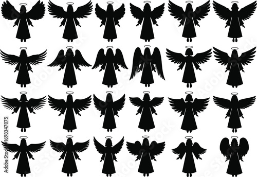 Set of Black Angel Silhouettes with Halo and Various Wing Styles, Vector Religious Spiritual Icons for Graphic Design and Art