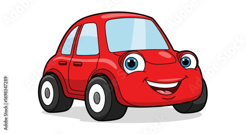 Cartoon Red Car with Smiling Face and Big Eyes.