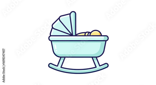 A baby sleeping peacefully in a light blue rocking bassinet.