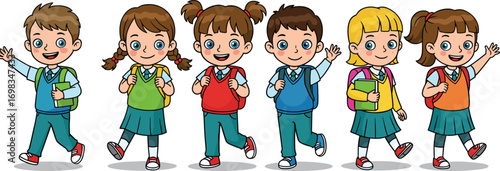 PrintCartoon school children in colorful uniforms walking and waving, happy diverse students with backpacks, educational vector illustration for learning materials