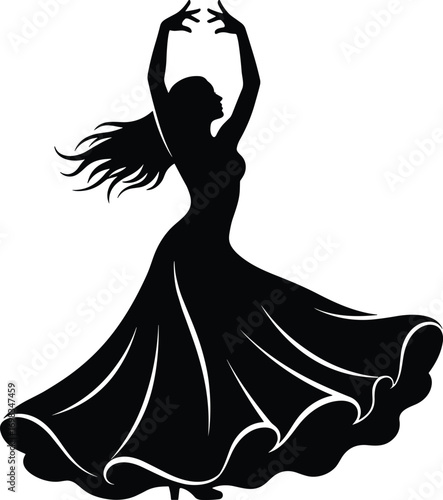 Dancing, woman, silhouette, flowing, dress, graceful, pose, performance, stage, movement, art, black, outline, vector, illustration, isolated
