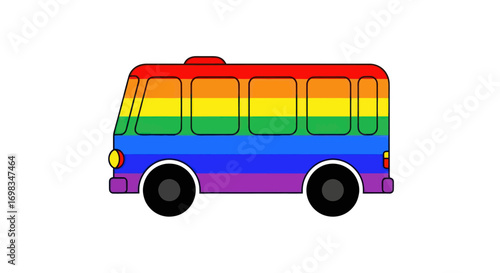 Colorful cartoon bus illustration painted with the vibrant colors of the LGBTQ rainbow pride flag.