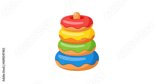 Stacked colorful donuts with glaze and sprinkles.