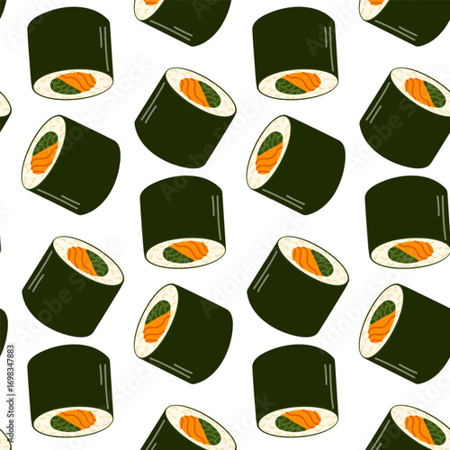 Colorful sushi rolls arranged in a repetitive pattern suitable for a fun restaurant or kitchen design