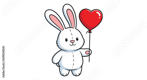 Adorable white cartoon bunny holding a red heart-shaped balloon.