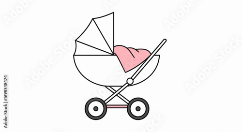 Simple Line Art Illustration of a Baby Stroller with Pink Blanket.