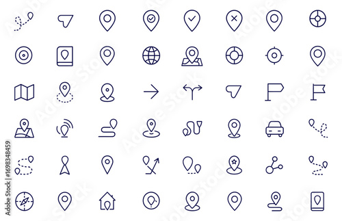 Map Pin, Location, Navigation Icon Set, Line Style, Editable Stroke, GPS, Address, Place, Directions, Distance, Route, Travel, Map Marker, Pointer, Tracking, Waypoint, Destination, Vector Illustration