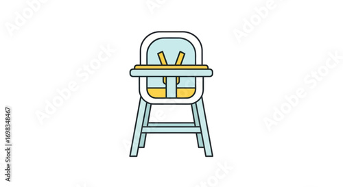Simple illustration of a light blue baby high chair with yellow accents.