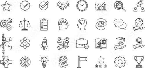 Business and education icons, productivity visuals, teamwork and strategy symbols, black and white line style, idea and goal elements, UI design set