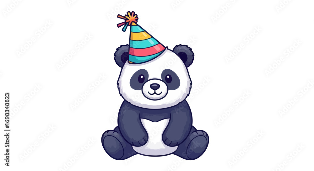 Fototapeta premium Adorable Cartoon Panda Wearing a Colorful Birthday Party Hat.