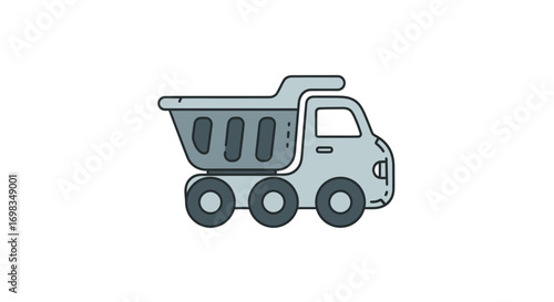 Cartoon dump truck illustration in grey and light blue.