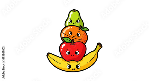 Stacked Cute Cartoon Fruits with Happy Faces.