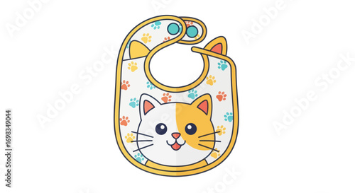 Cartoon Baby Bib with Cute Cat Face Design and Yellow Trim.