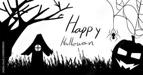 Doodle Halloween background with Silhouette pumpkins spider witch house and tree