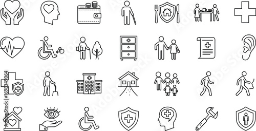Healthcare icons, medical service visuals, wellness and accessibility symbols, family care elements, black and white line style, hospital and support set