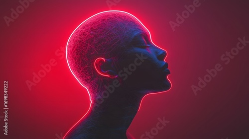 A glowing red silhouette of a woman's head against a dark background suggests futuristic technology and evokes feelings of innovation and connection today.